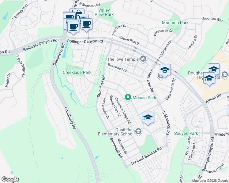 map of restaurants, bars, coffee shops, grocery stores, and more near 1041 South Wedgwood Road in San Ramon