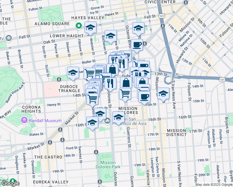map of restaurants, bars, coffee shops, grocery stores, and more near 51 Rosemont Place in San Francisco