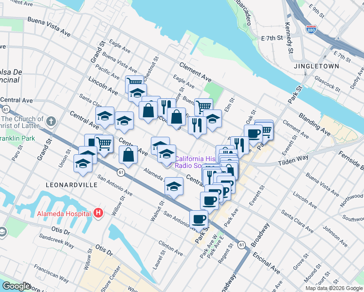 map of restaurants, bars, coffee shops, grocery stores, and more near 2136 Lincoln Avenue in Alameda