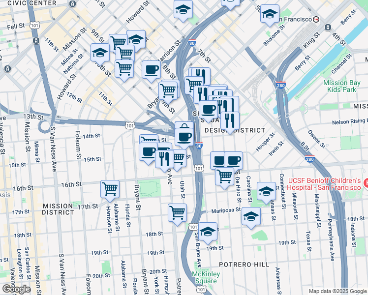 map of restaurants, bars, coffee shops, grocery stores, and more near 2164-2198 Alameda Street in San Francisco