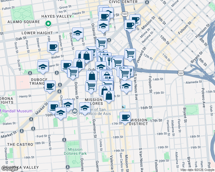 map of restaurants, bars, coffee shops, grocery stores, and more near 307 Valencia Street in San Francisco