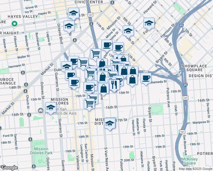 map of restaurants, bars, coffee shops, grocery stores, and more near 140 14th Street in San Francisco