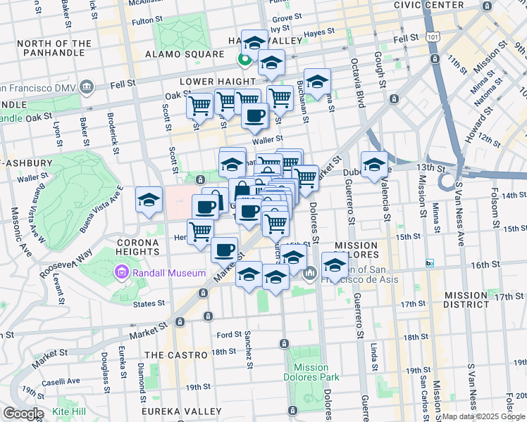 map of restaurants, bars, coffee shops, grocery stores, and more near 734 14th Street in San Francisco