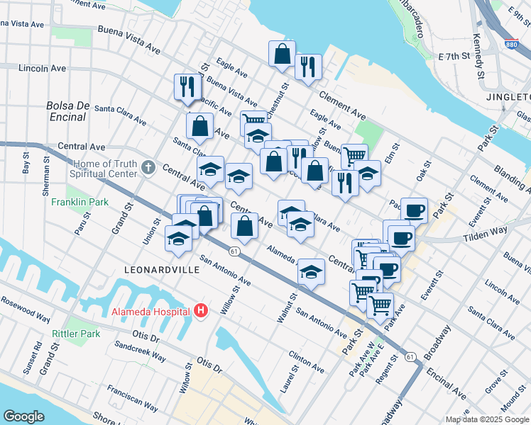 map of restaurants, bars, coffee shops, grocery stores, and more near in Alameda