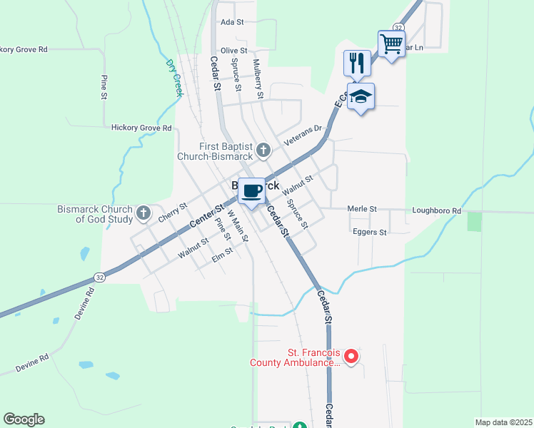 map of restaurants, bars, coffee shops, grocery stores, and more near 900 Cedar Street in Bismarck