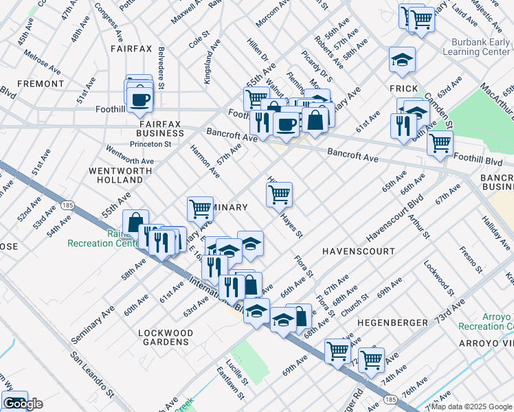 map of restaurants, bars, coffee shops, grocery stores, and more near 5955 Hayes Street in Oakland