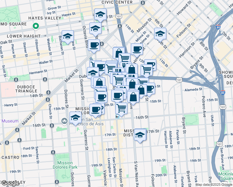map of restaurants, bars, coffee shops, grocery stores, and more near 1825 Mission Street in San Francisco