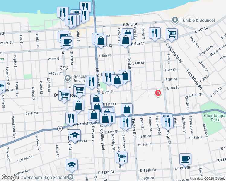 map of restaurants, bars, coffee shops, grocery stores, and more near 830 Clay Street in Owensboro