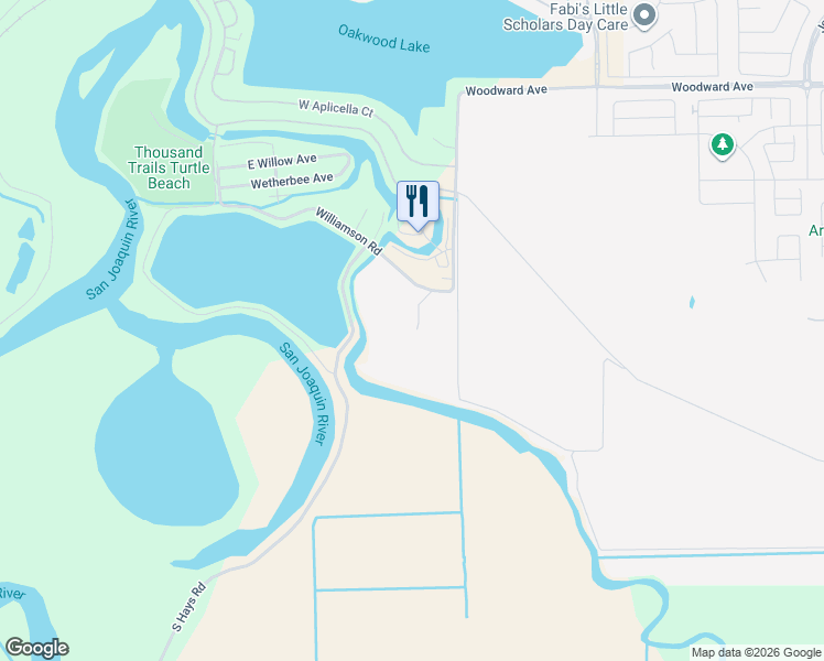 map of restaurants, bars, coffee shops, grocery stores, and more near 1390 Williamson Road in Manteca