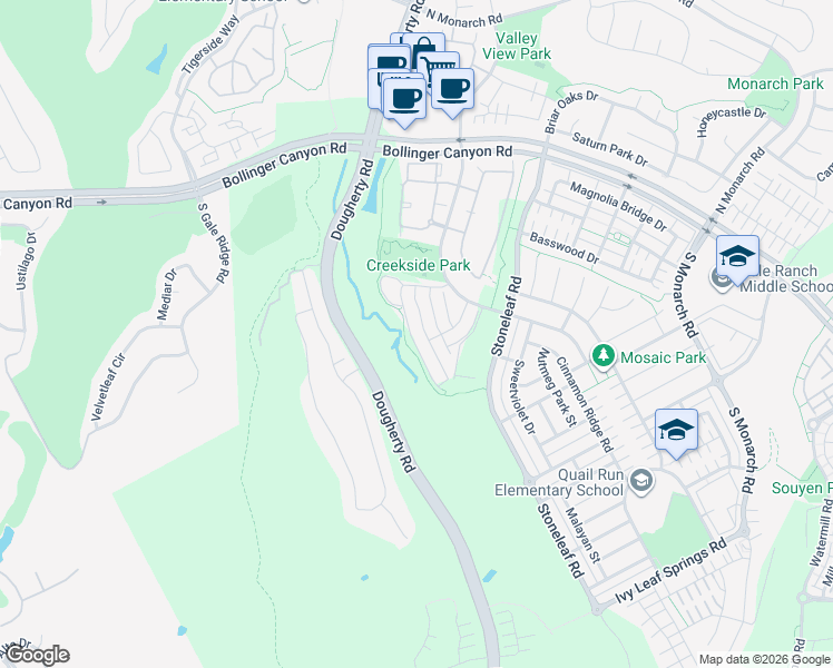 map of restaurants, bars, coffee shops, grocery stores, and more near 145 Lucy Lane in San Ramon