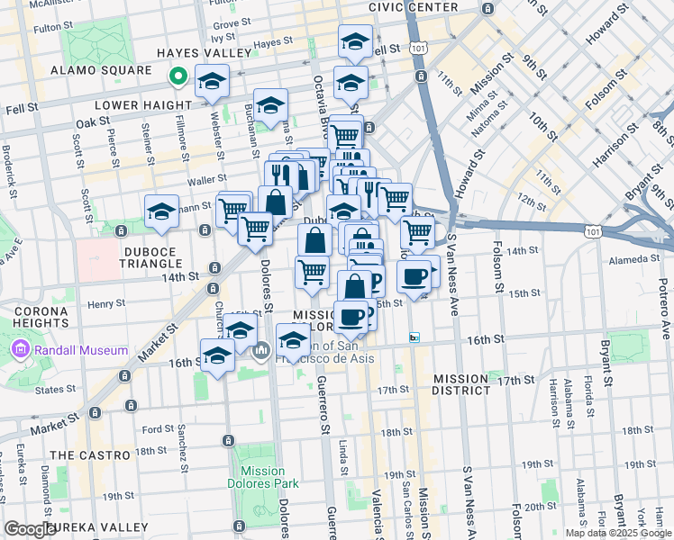 map of restaurants, bars, coffee shops, grocery stores, and more near 85B-B Brosnan Street in San Francisco