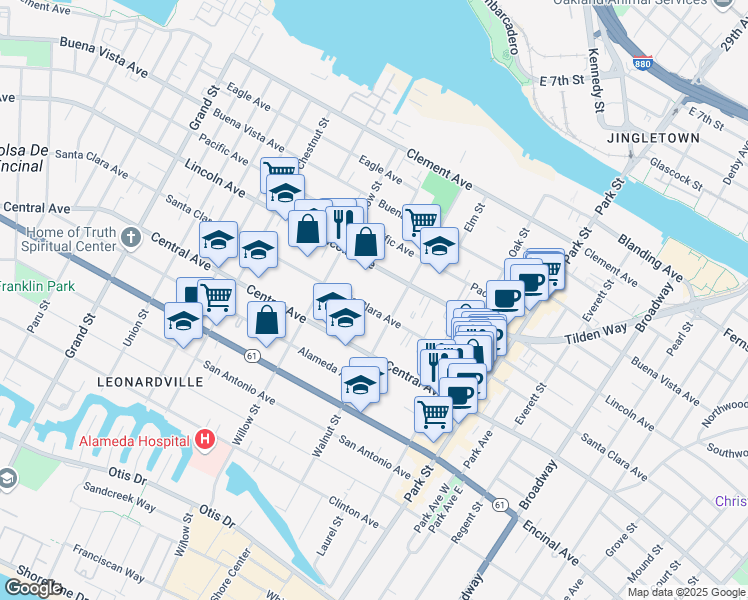 map of restaurants, bars, coffee shops, grocery stores, and more near 2149 Santa Clara Avenue in Alameda