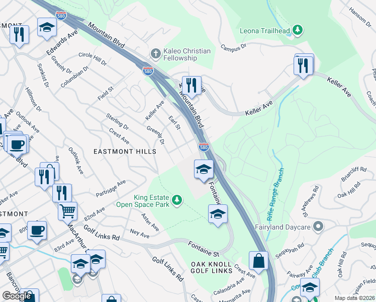 map of restaurants, bars, coffee shops, grocery stores, and more near 8081 Earl Street in Oakland