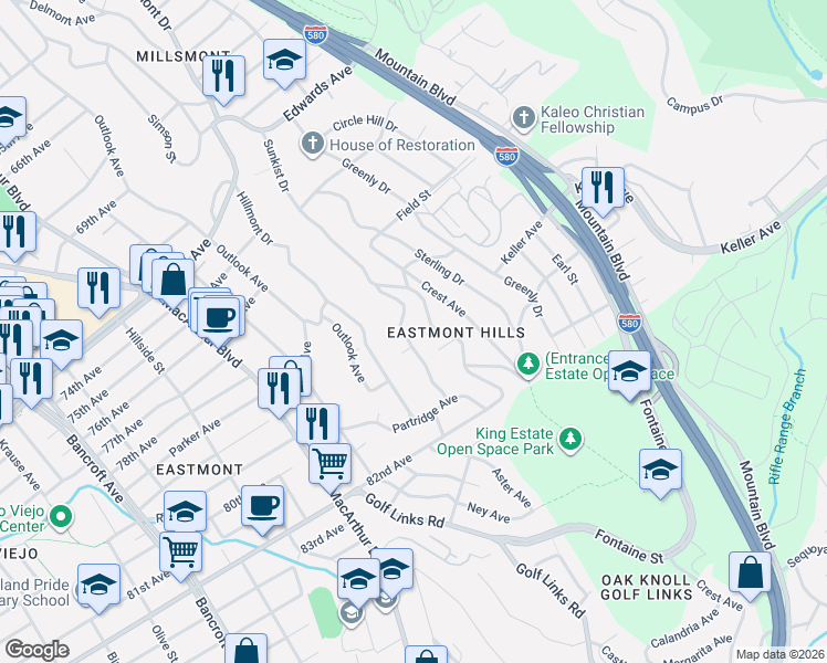 map of restaurants, bars, coffee shops, grocery stores, and more near 7883 Sunkist Drive in Oakland