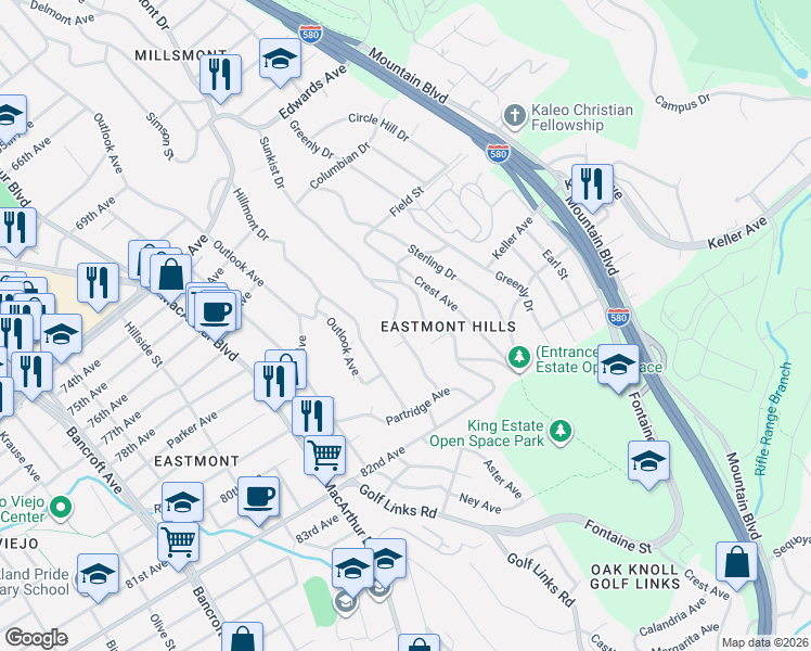 map of restaurants, bars, coffee shops, grocery stores, and more near 7883 Sunkist Drive in Oakland