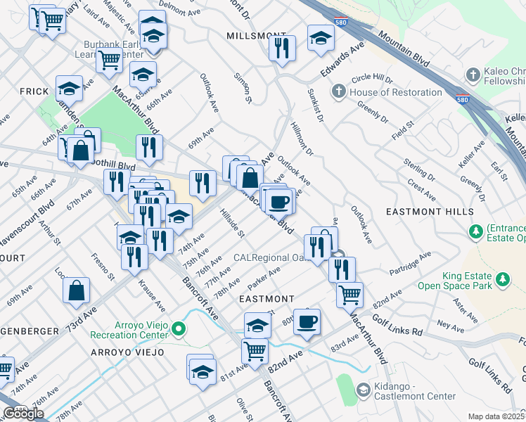 map of restaurants, bars, coffee shops, grocery stores, and more near 2810 75th Avenue in Oakland