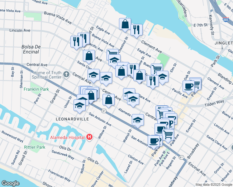 map of restaurants, bars, coffee shops, grocery stores, and more near 2056 Santa Clara Avenue in Alameda