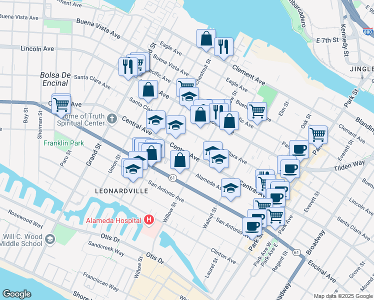 map of restaurants, bars, coffee shops, grocery stores, and more near 2025 Central Avenue in Alameda