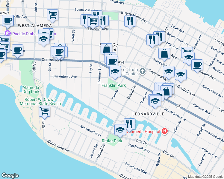 map of restaurants, bars, coffee shops, grocery stores, and more near 1432 San Antonio Avenue in Alameda