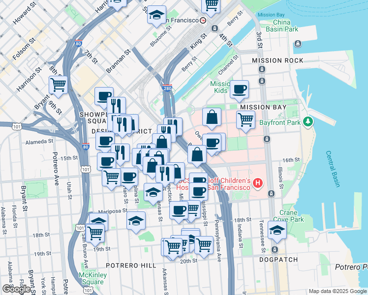 map of restaurants, bars, coffee shops, grocery stores, and more near John F. Foran Freeway in San Francisco