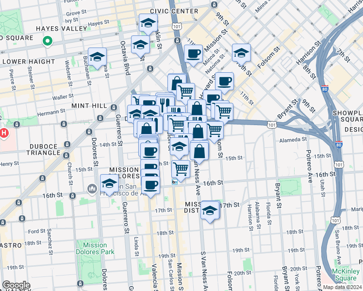 map of restaurants, bars, coffee shops, grocery stores, and more near 280 14th Street in San Francisco