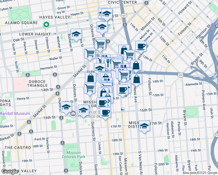 map of restaurants, bars, coffee shops, grocery stores, and more near 344 14th Street in San Francisco