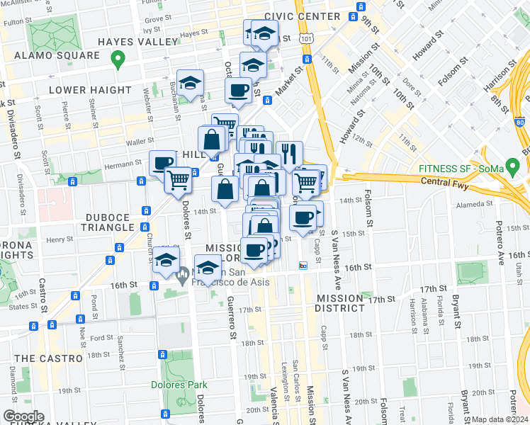 map of restaurants, bars, coffee shops, grocery stores, and more near in San Francisco