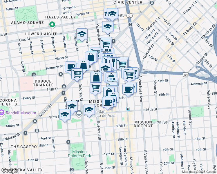 map of restaurants, bars, coffee shops, grocery stores, and more near in San Francisco