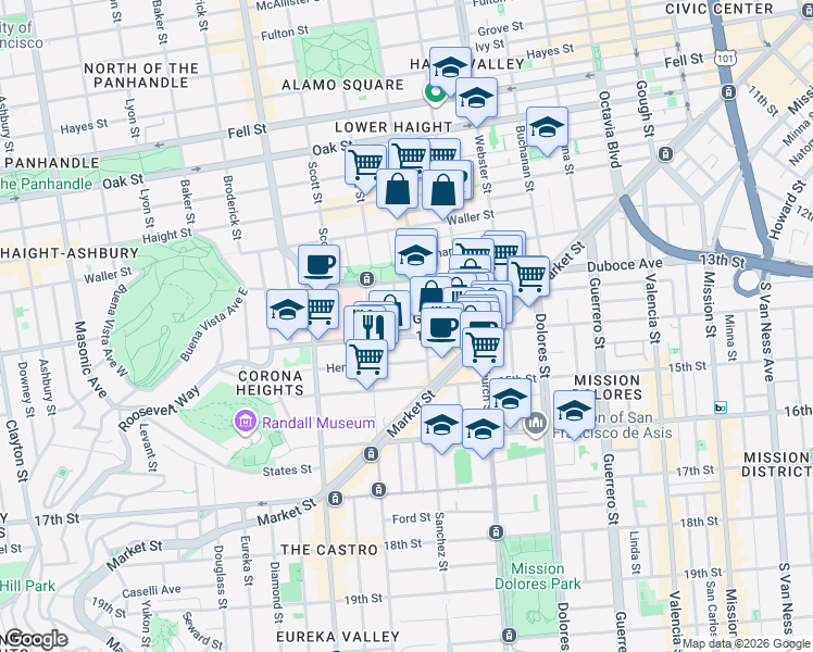 map of restaurants, bars, coffee shops, grocery stores, and more near 44 Sanchez Street in San Francisco