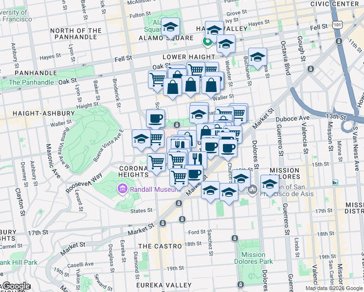 map of restaurants, bars, coffee shops, grocery stores, and more near in San Francisco