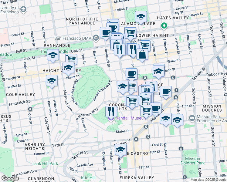 map of restaurants, bars, coffee shops, grocery stores, and more near 128 Alpine Terrace in San Francisco