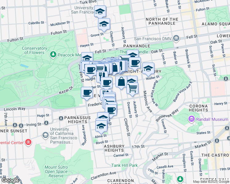 map of restaurants, bars, coffee shops, grocery stores, and more near 100 Belvedere Street in San Francisco