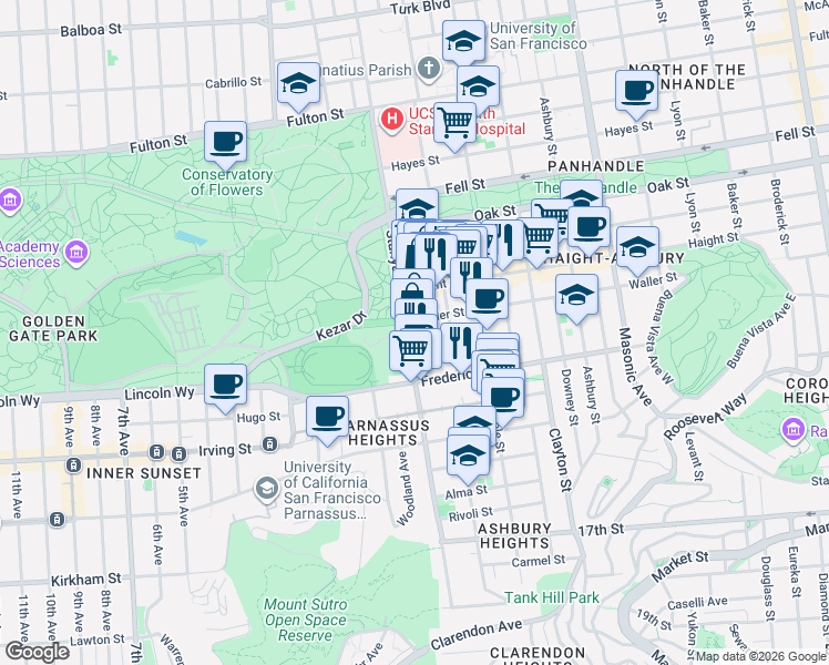map of restaurants, bars, coffee shops, grocery stores, and more near 1750 Waller Street in San Francisco