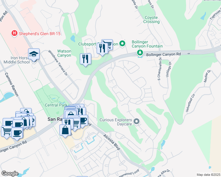 map of restaurants, bars, coffee shops, grocery stores, and more near 300 South Overlook Drive in San Ramon