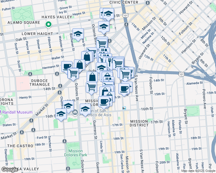 map of restaurants, bars, coffee shops, grocery stores, and more near in San Francisco