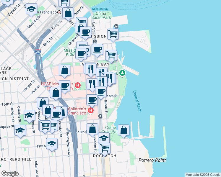 map of restaurants, bars, coffee shops, grocery stores, and more near 1725 3rd Street in San Francisco