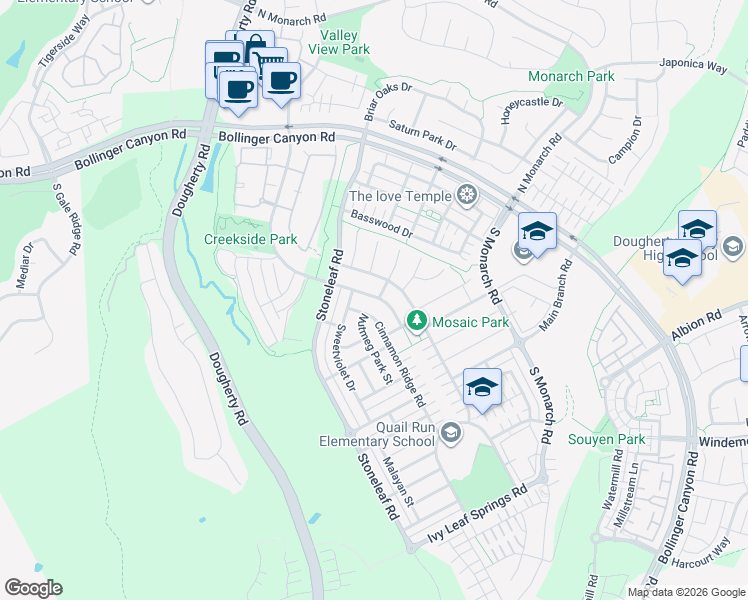 map of restaurants, bars, coffee shops, grocery stores, and more near 1041 South Wedgwood Road in San Ramon