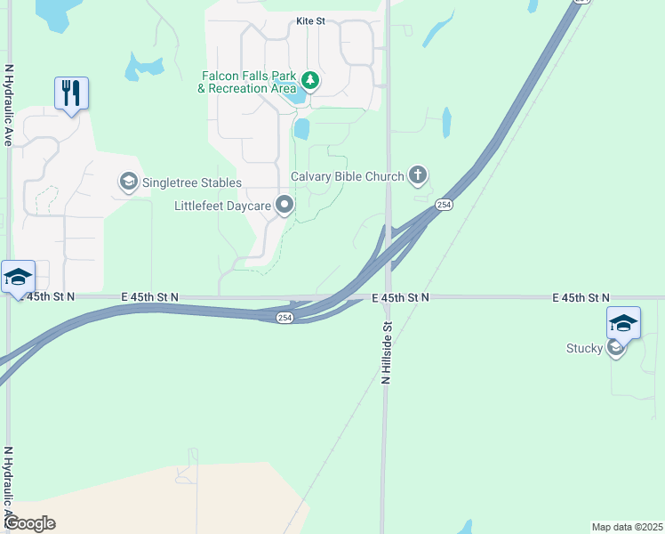 map of restaurants, bars, coffee shops, grocery stores, and more near 2724 East 45th Street North in Wichita