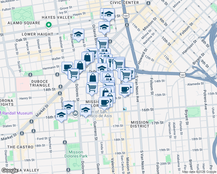 map of restaurants, bars, coffee shops, grocery stores, and more near 307 Valencia Street in San Francisco