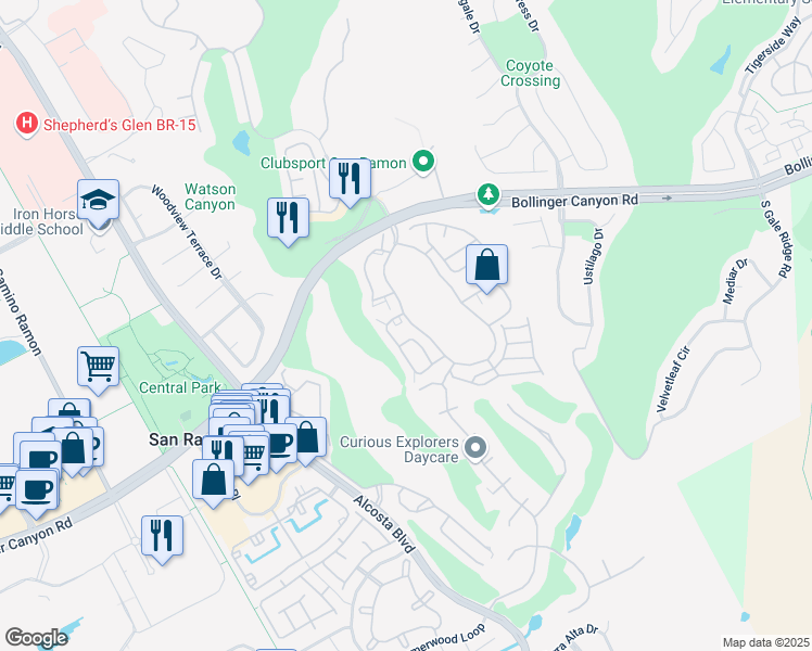 map of restaurants, bars, coffee shops, grocery stores, and more near 273 South Overlook Drive in San Ramon