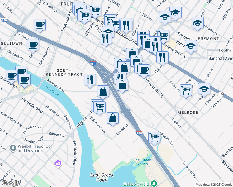 map of restaurants, bars, coffee shops, grocery stores, and more near 880 High Street in Oakland