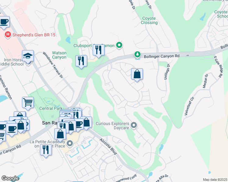 map of restaurants, bars, coffee shops, grocery stores, and more near 273 South Overlook Drive in San Ramon