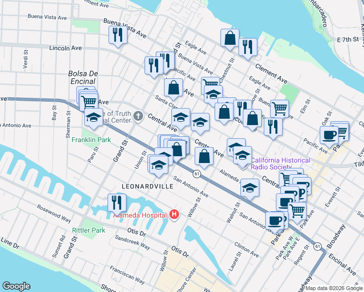 map of restaurants, bars, coffee shops, grocery stores, and more near 1912 Central Avenue in Alameda