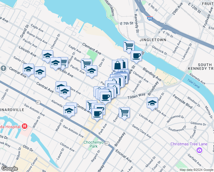 map of restaurants, bars, coffee shops, grocery stores, and more near 2 East 10th Street in Oakland
