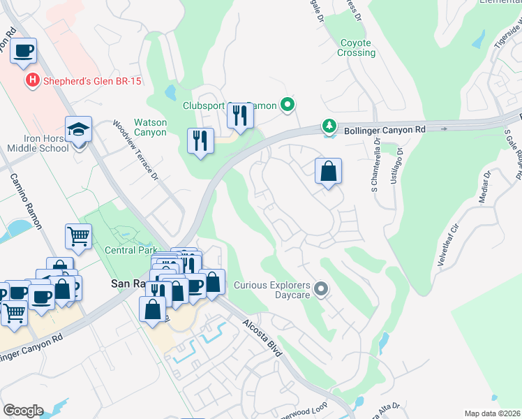 map of restaurants, bars, coffee shops, grocery stores, and more near 306 South Overlook Drive in San Ramon