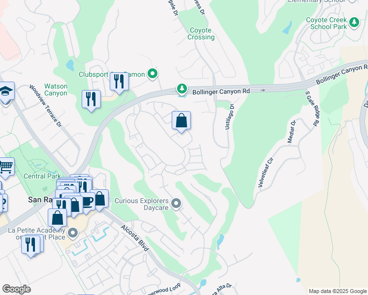 map of restaurants, bars, coffee shops, grocery stores, and more near 100-128 Eastridge Dr in San Ramon