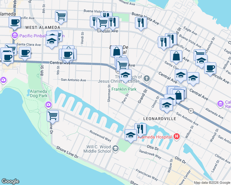 map of restaurants, bars, coffee shops, grocery stores, and more near 1003 Morton Street in Alameda