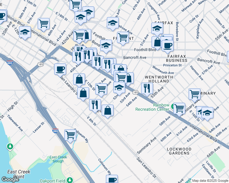 map of restaurants, bars, coffee shops, grocery stores, and more near 1342 51st Avenue in Oakland
