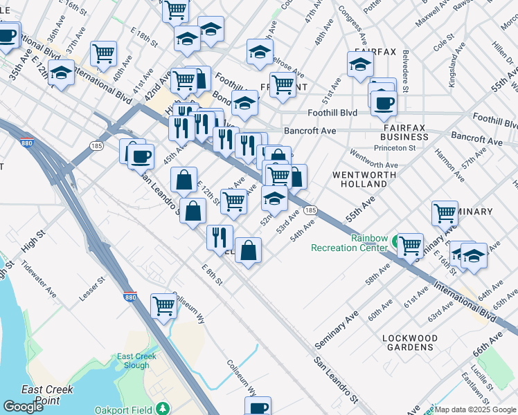 map of restaurants, bars, coffee shops, grocery stores, and more near 1300 50th Avenue in Oakland
