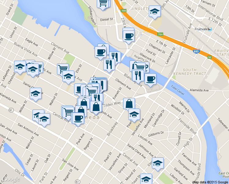map of restaurants, bars, coffee shops, grocery stores, and more near 2417 Eagle Avenue in Alameda